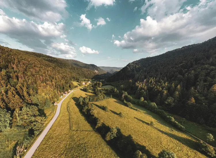 Sky view of a twisty road in the Vosges Mountains