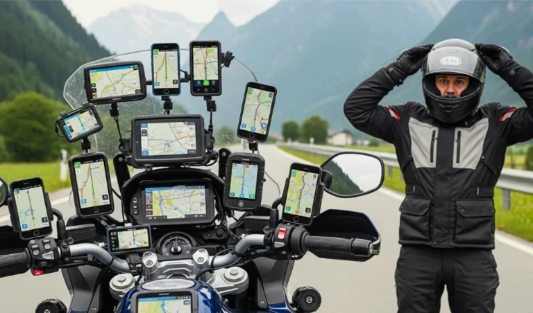 A motorbike with lots of navigation devices - CarPlay vs Sat Nav for Motorcycle Touring