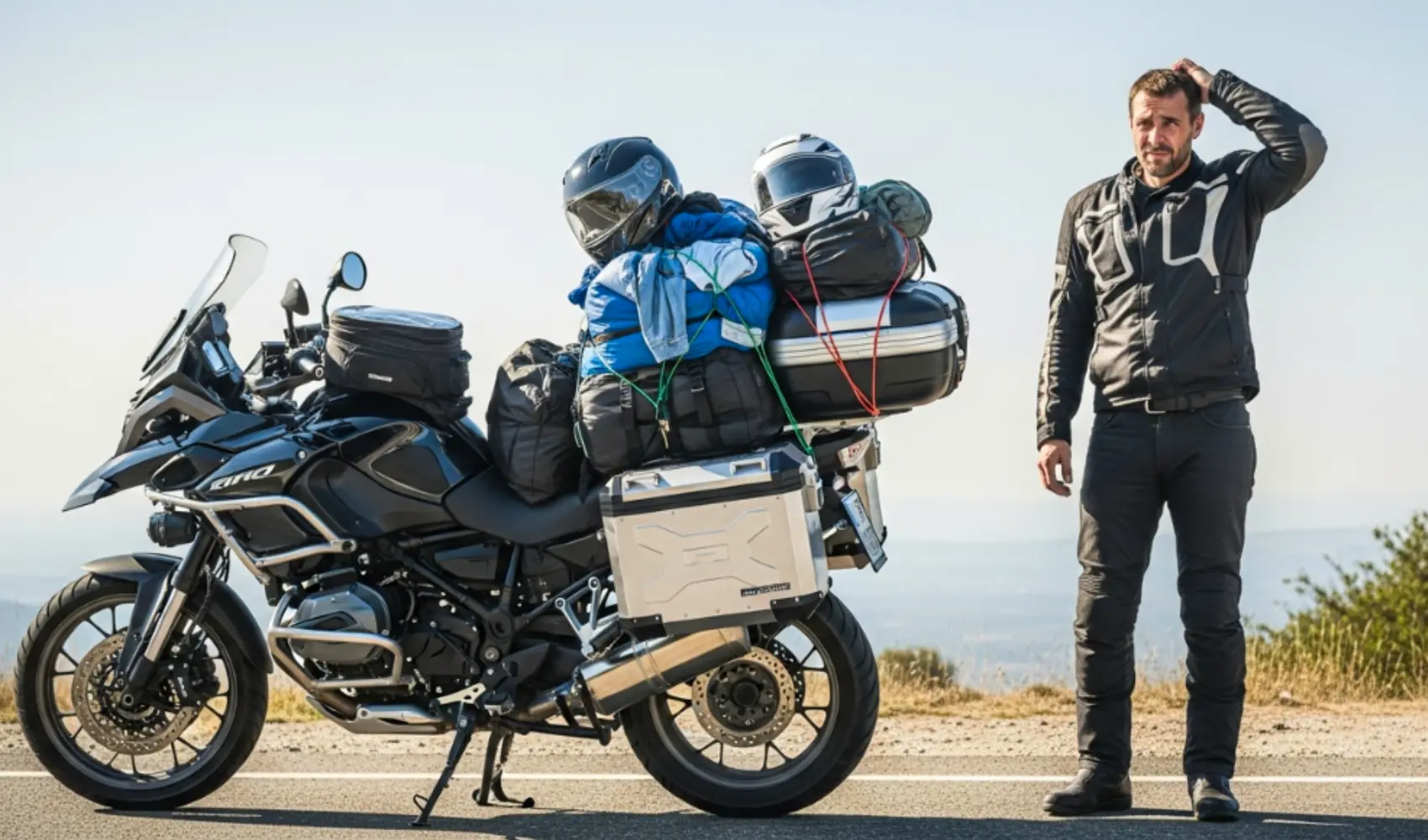 A rider looking confused with a loaded motorbike pondering What to Pack for a Motorcycle Tour